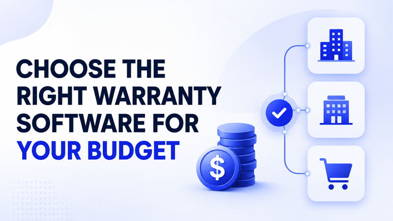 Choosing warranty software by budget with business, ecommerce, checkmark, and coin icons.