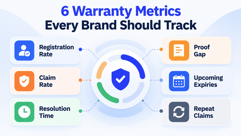 Dashboard illustrating six warranty metrics including registration, claims, resolution, proof, expiries, repeats.