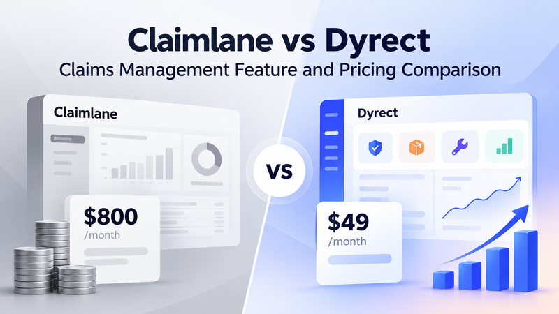 Claimlane vs Dyrect comparison showing warranty dashboards and monthly pricing of both platforms