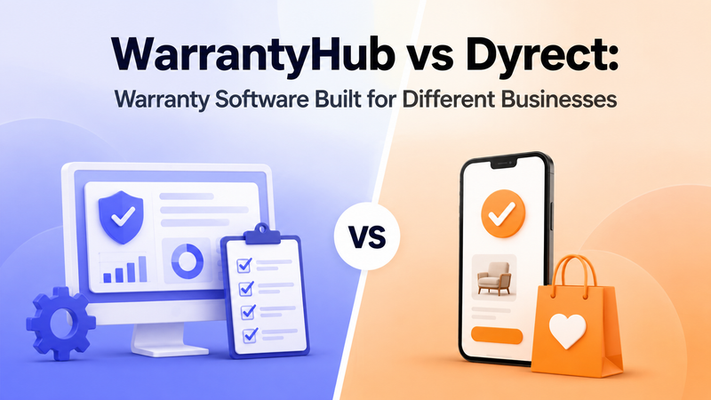 WarrantyHub versus Dyrect comparison showing enterprise warranty tools and ecommerce shopping visuals