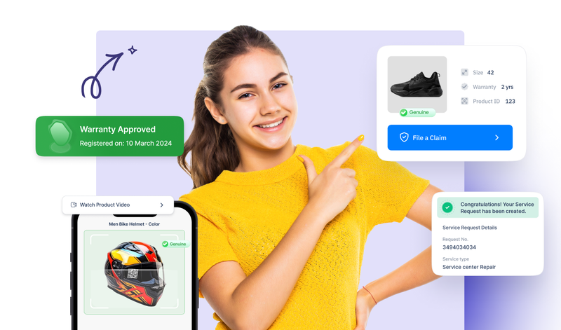 Woman showcasing Dyrect warranty registration, product verification, and customer service claim interfaces