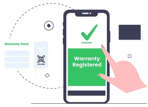 Smartphone illustration showing successful warranty registration with digital card and authentication check.
