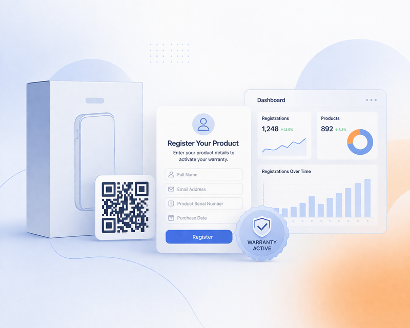 Illustration of a product box, QR code, registration form, warranty badge, and dashboard panel on a soft pastel background