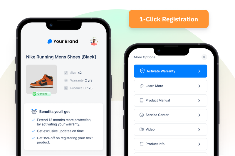 Mobile product registration screen showing warranty activation, product details, service options, and customer benefits on two smartphone mockups.