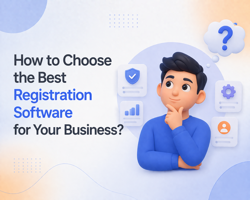 Animated character thinking beside floating software icons on a soft gradient background, representing the process of choosing registration software.