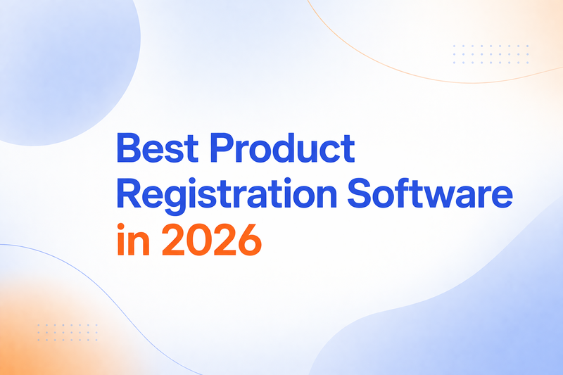 Minimalist title image with a soft blue and peach gradient background and the text “Best Product Registration Software in 2026”