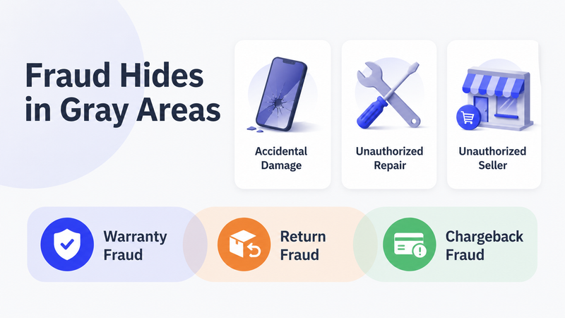 Gray-area fraud visual comparing accidental damage, unauthorized repair, seller, return, and chargeback issues.
