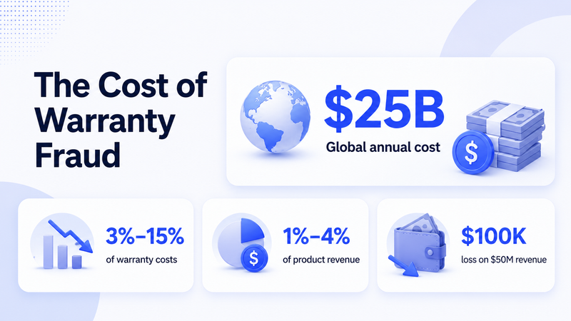 Warranty fraud cost visual highlighting $25B global annual loss and brand revenue impact