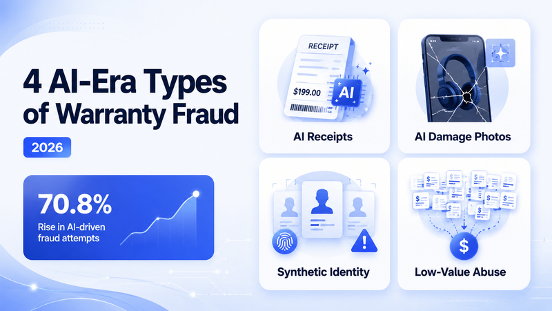 AI-era warranty fraud visual featuring receipts, damage photos, identities, and low-value abuse.