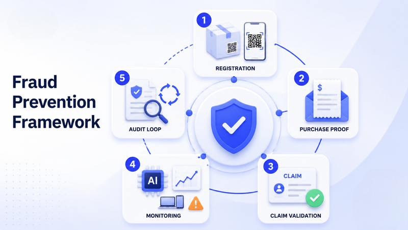 Fraud prevention framework visual with five connected layers around a central shield.