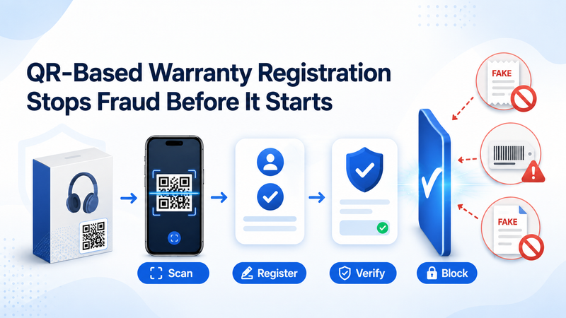 QR registration flow visual showing scan, register, verify, and block fraud steps.