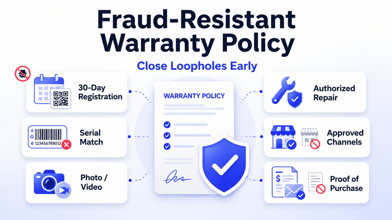Fraud-resistant policy visual with warranty document, shield, and key verification checkpoints.