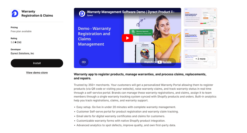 Dyrect Shopify app listing showing warranty registration and claims features