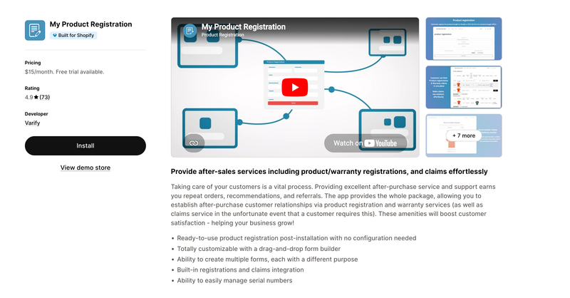 My Product Registration app listing showing warranty registration details