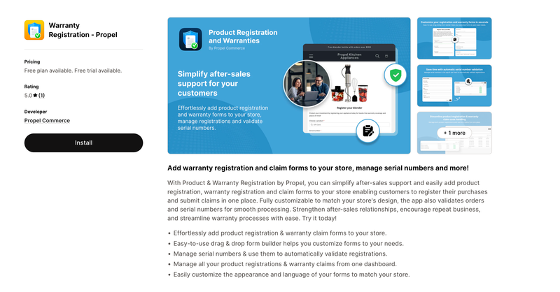 Propel warranty registration app listing showing registration and claims features