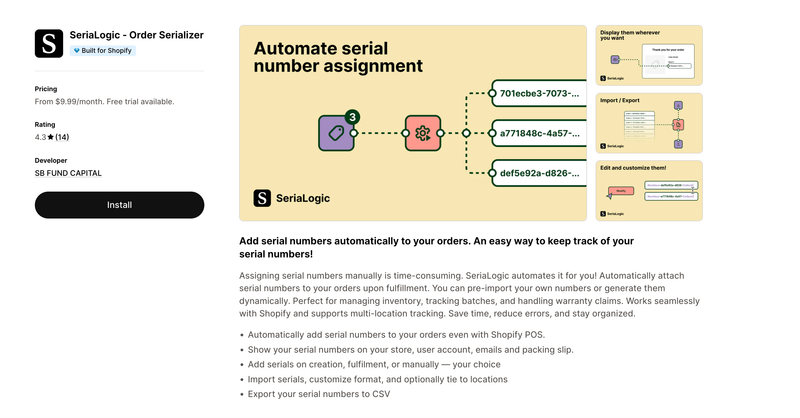 SeriaLogic order serializer app listing showing serial number automation