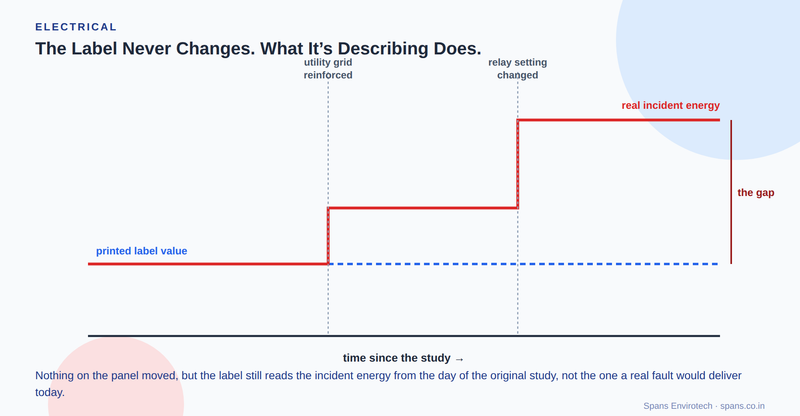 A timeline chart showing a flat dashed printed arc flash label value against a solid line for real incident energy that steps upward after a utility grid reinforcement and a relay setting change, opening a growing gap