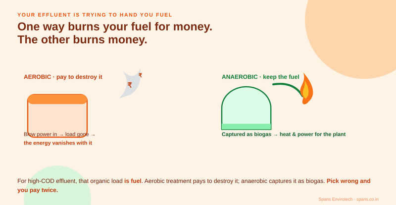 Aerobic treatment pays power to destroy the fuel in effluent; anaerobic captures it as biogas