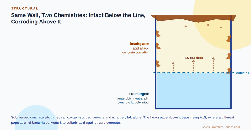 Cross-section of a wet well showing intact submerged concrete below the waterline and corroding, spalling concrete in the H2S headspace above it