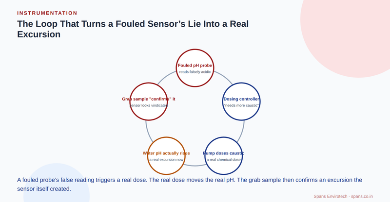 A circular diagram showing five linked stages: a fouled pH probe reading falsely acidic, feeding a dosing controller that decides it needs more caustic, a pump that doses real caustic, the water's actual pH rising as a genuine excursion, and a grab sample that then confirms the excursion, making the original faulty sensor look vindicated