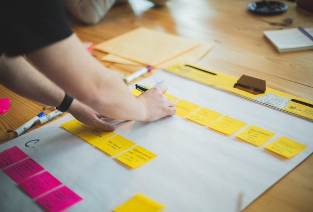 Arms stretched out towards a kanban board with bright pink and yellow post-it notes