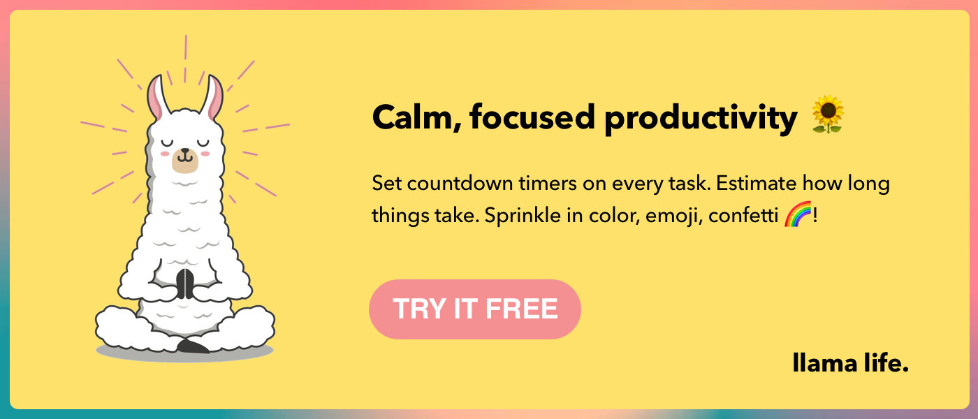 A llama meditates on yellow background, text suggesting to use Llama Life for calm, focused productivity 