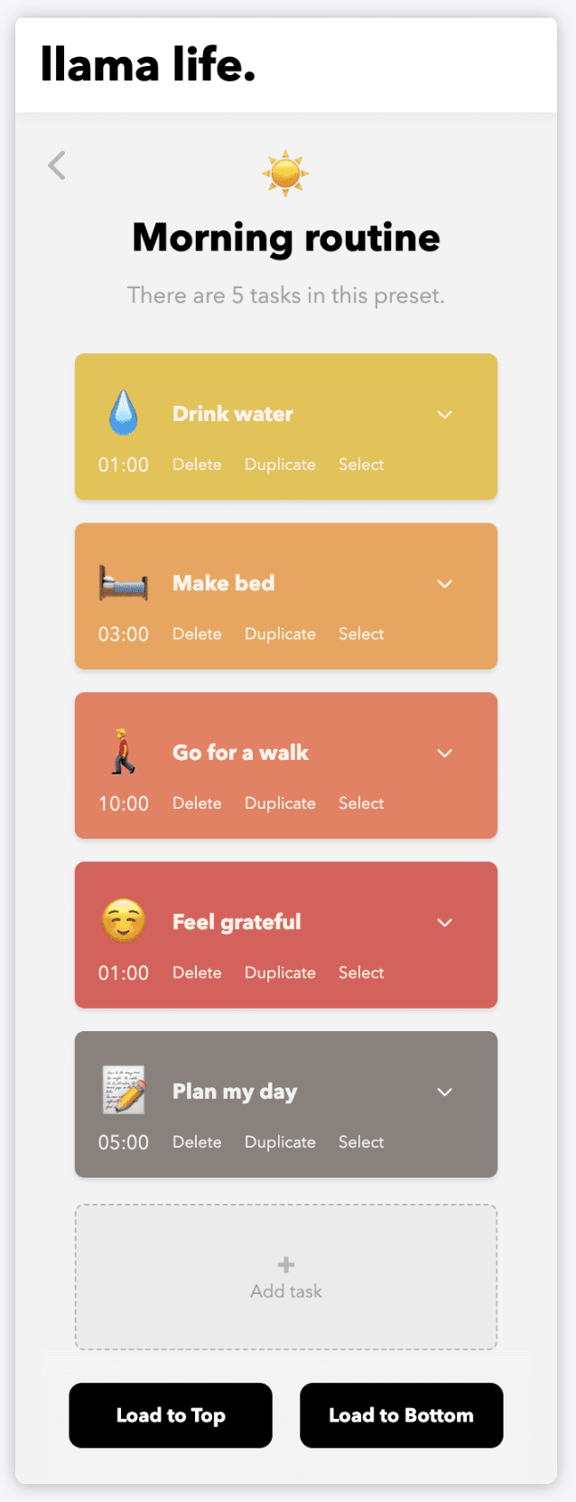 Llama Life morning routine Preset List 