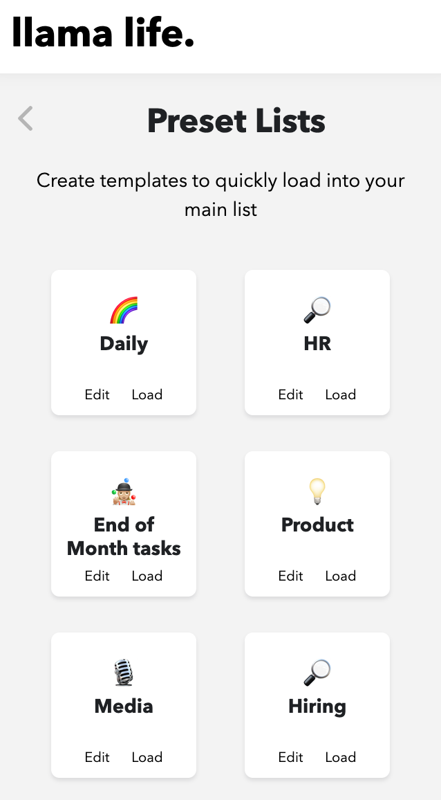 Examples of Llama Life's Preset Lists