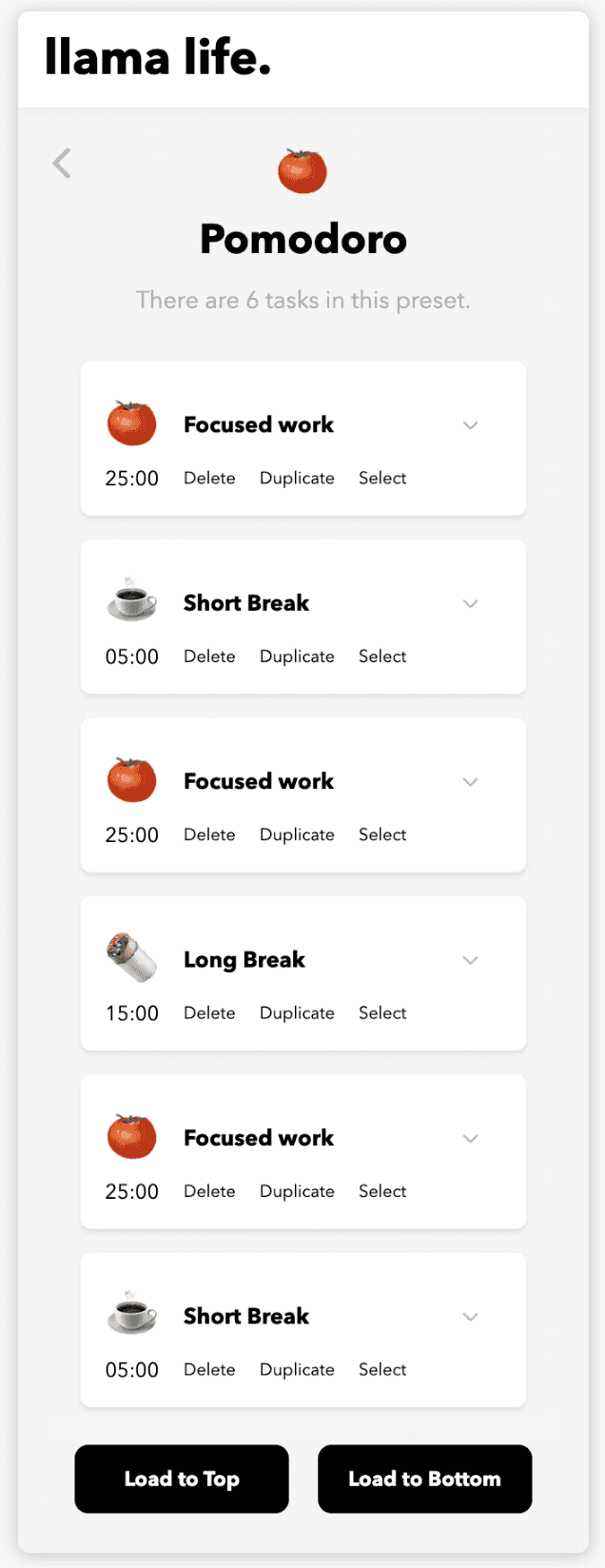 Llama Life templated Pomodoro Preset List