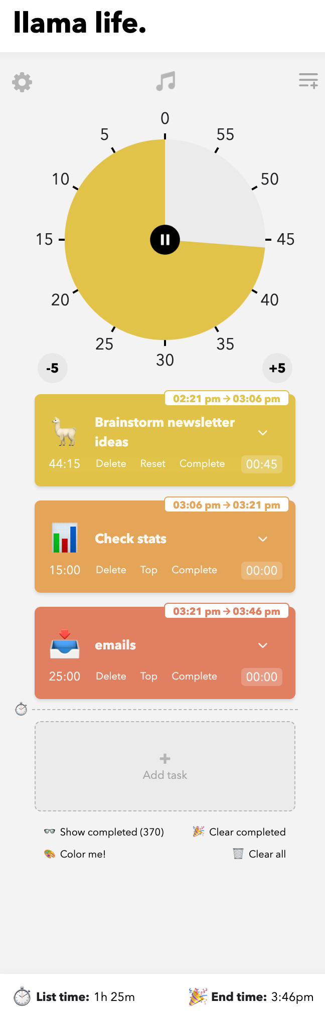 Llama Life productivity tool showing pie timer and task list 