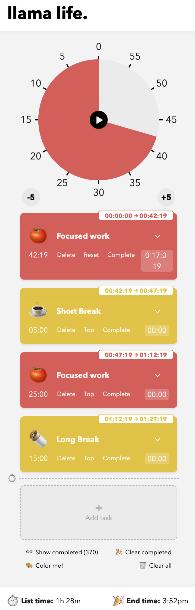 Llama Life pomodoro pie timer 
