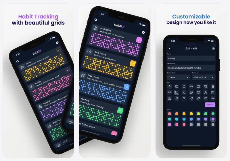 App screenshots showing habit tracking app with habits laid out on a colorful grid