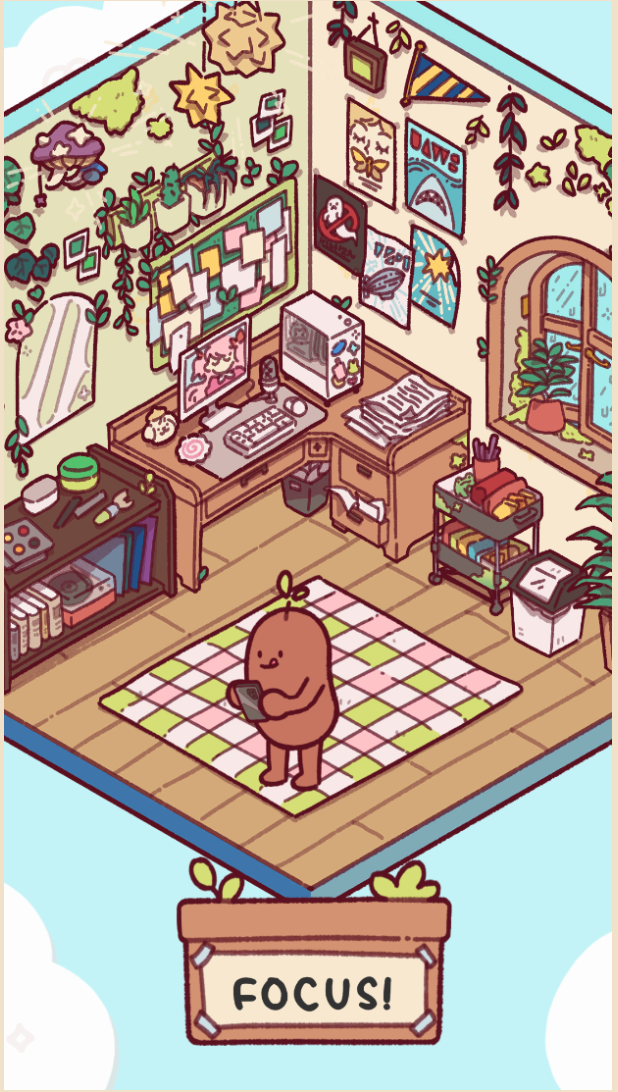 A screenshot of an app that shows a cartoon bean character standing in a room trying to focus