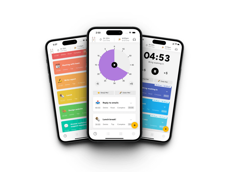 Llama Life productivity app showing task timers and preset lists