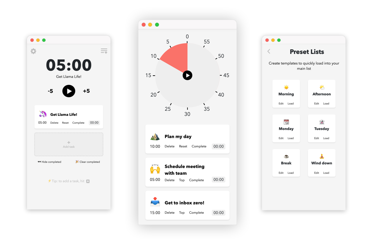 Three different views of Llama Life app showing tasks pie timer digital timer and Presets for recurring tasks 