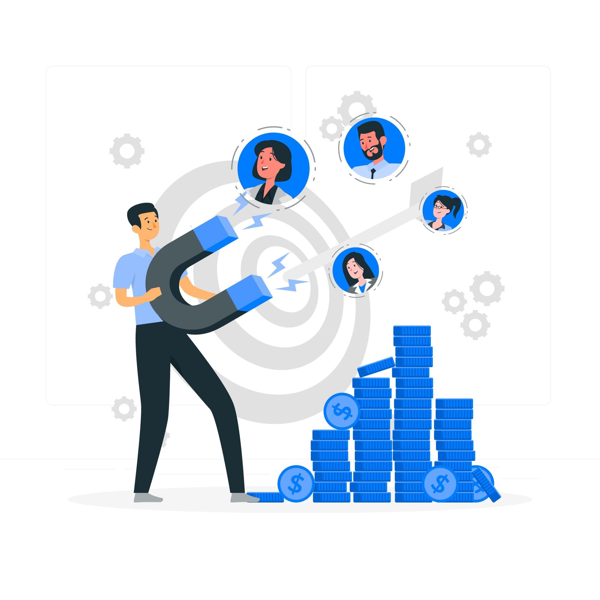 Illustration of a man attracting customers with a magnet