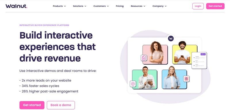 Screenshot of the Walnut homepage showing the headline ‘Build interactive experiences that drive revenue,’ with demo benefits listed and images of users on an interactive demo interface.