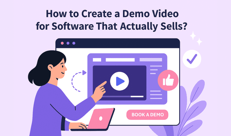 An illustration of a person creating a software demo video on a laptop.