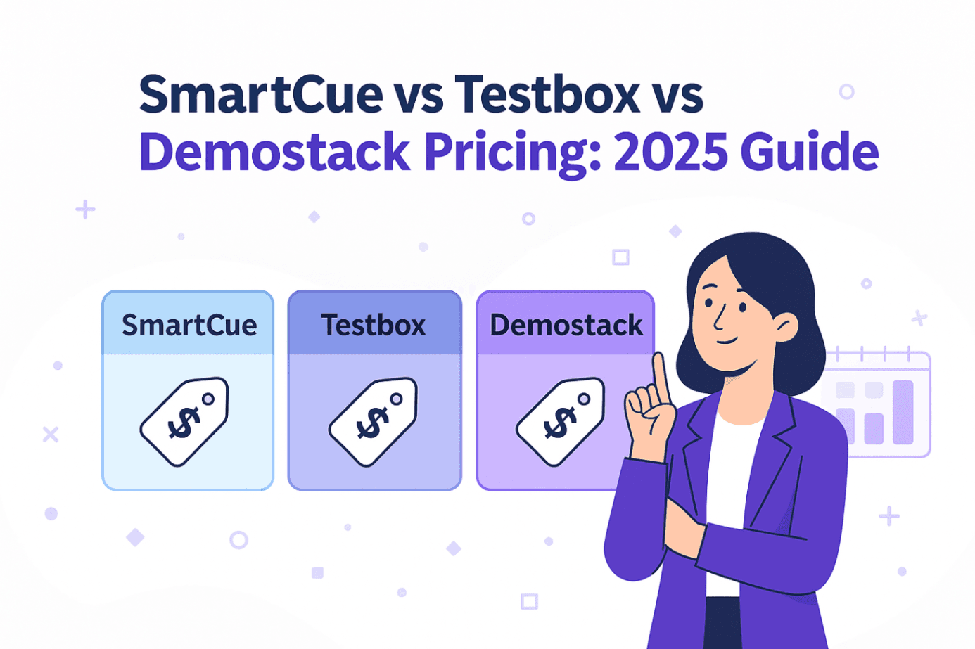 Blog cover illustration comparing SmartCue, TestBox, and Demostack pricing for 2025