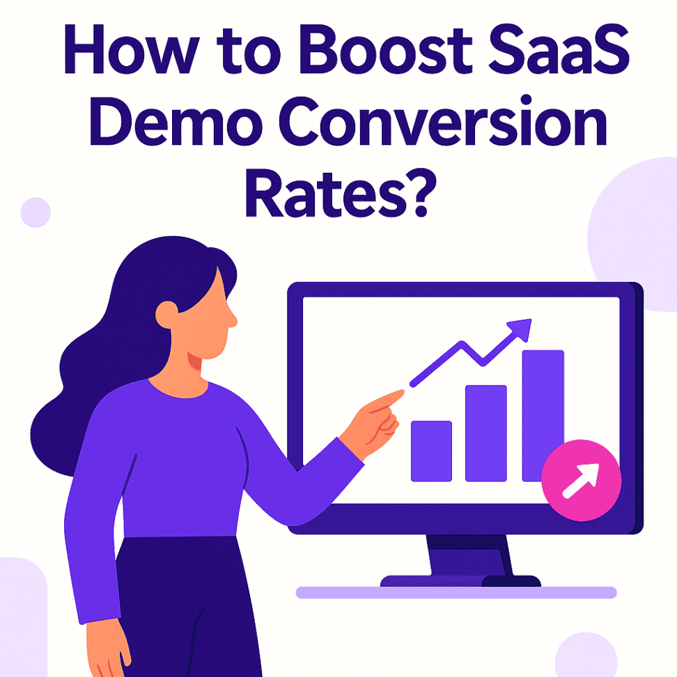 Illustration of a woman presenting on a device with the text "How to Boost SaaS Demo Conversion Rates"