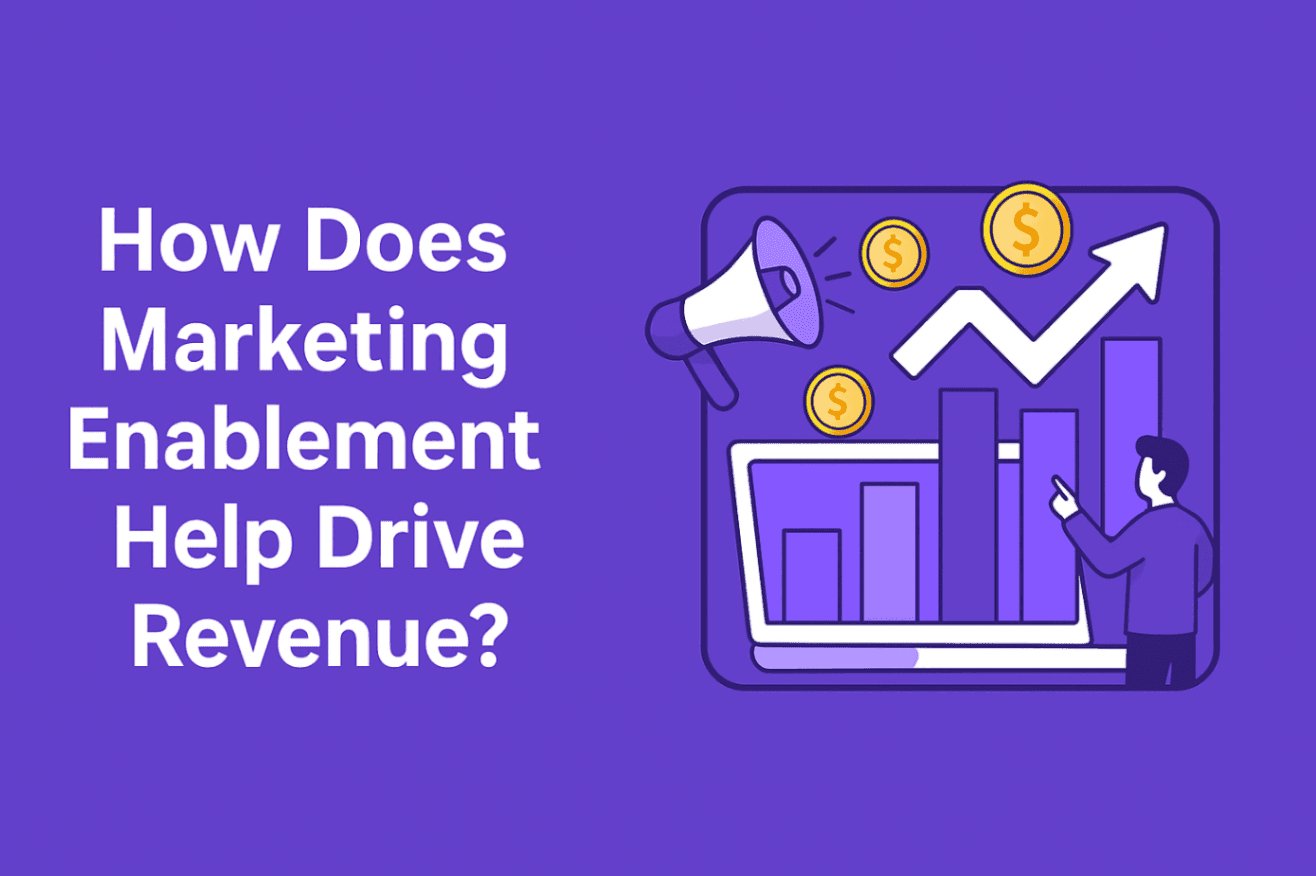 Cover illustration with enablement icons and the text "How Does Marketing Enablement Help Drive Revenue"Cover illustration with enablement icons and the text "How Does Marketing Enablement Help Drive Revenue"