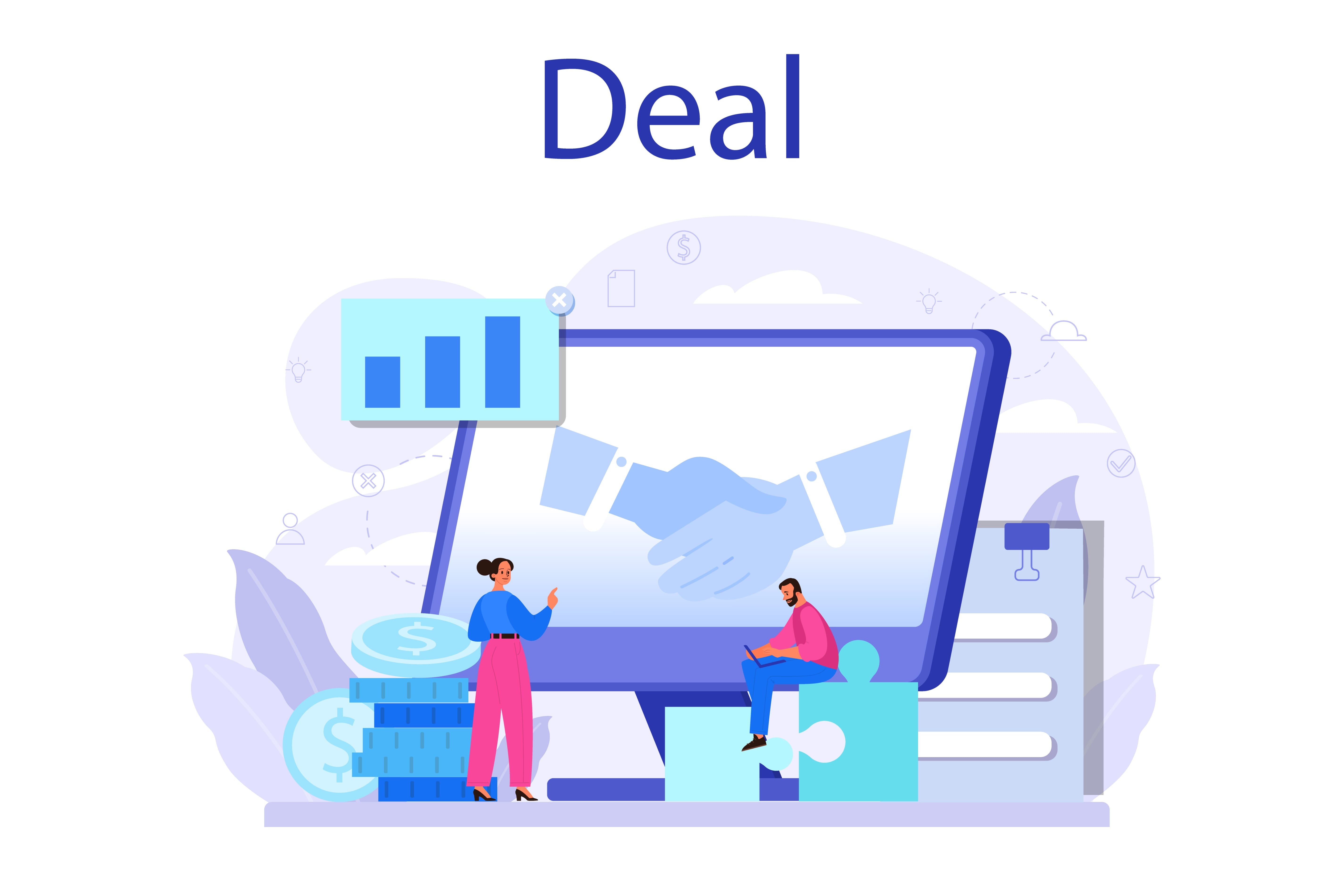 Deal concept official contract and business handshake idea of partnership cooperation and corporate business development isolated vector cartoon illustration