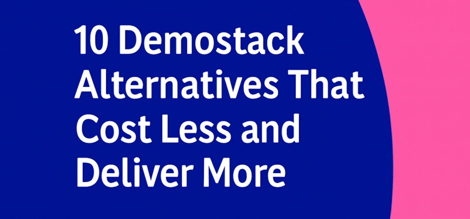 Graphic showcasing the title '10 Demostack Alternatives That Cost Less and Deliver More' with bold, white text on a blue and pink background.