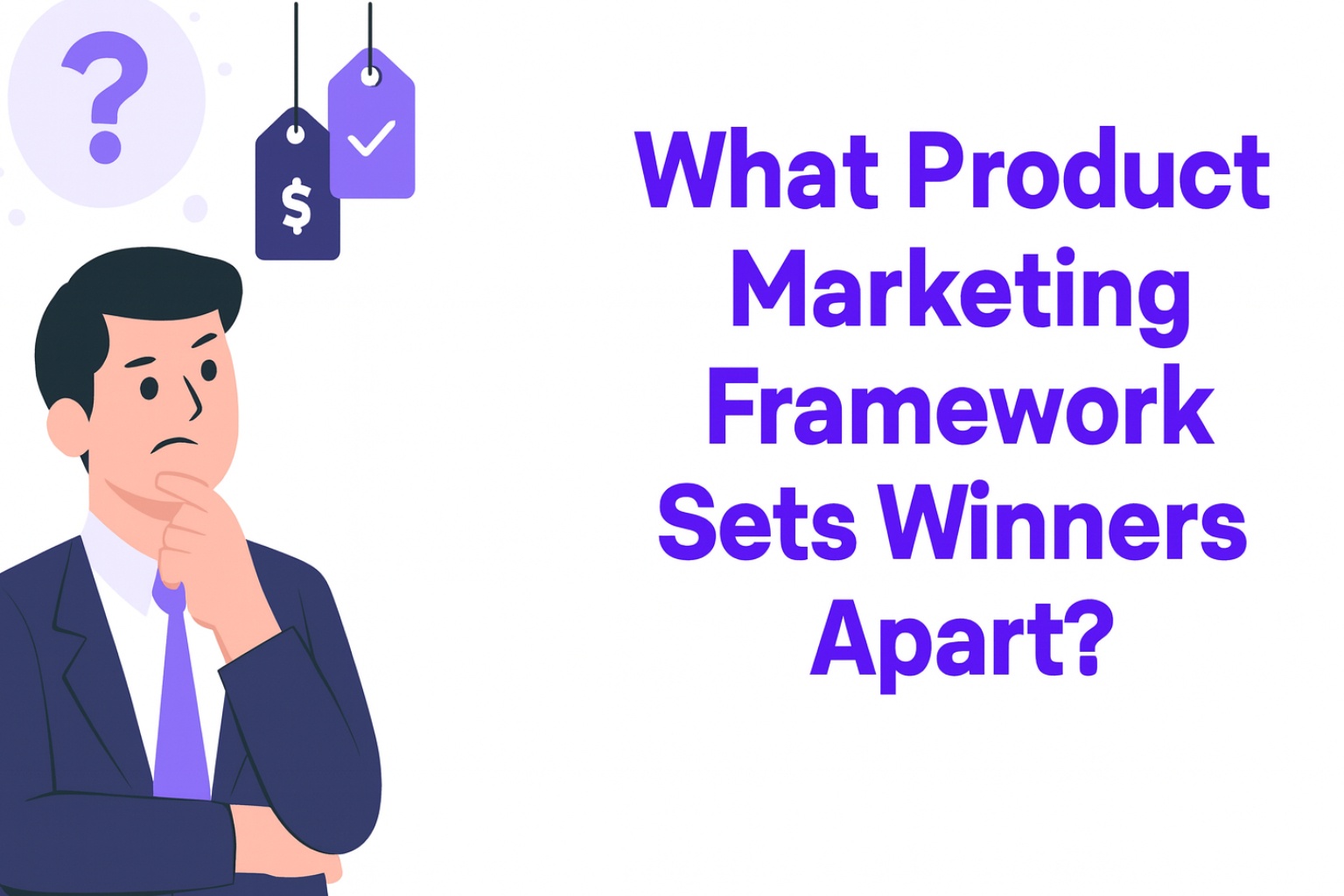 A puzzled businessman illustration looking at price tags and a question mark, paired with bold purple text reading “What Product Marketing Framework Sets Winners Apart?” on a white background.