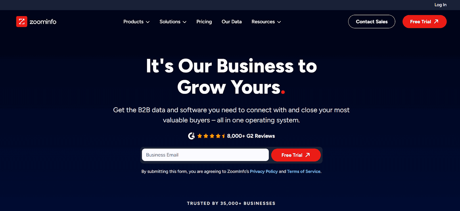 Screenshot of ZoomInfo homepage
