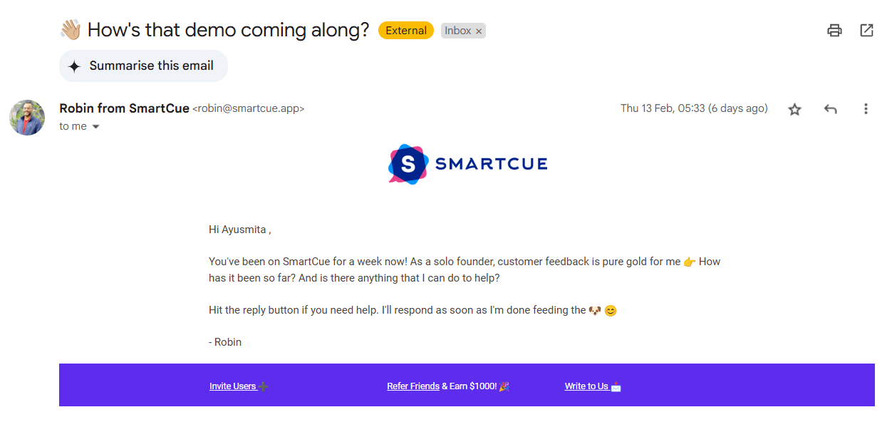 Screenshot of a follow up mail