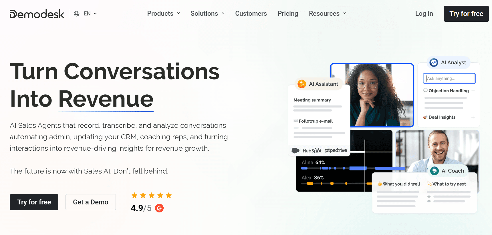 Screenshot of the Demodesk homepage showing the headline 'Turn Conversations Into Revenue' with AI tools like AI Assistant and AI Coach for sales automation, and a 'Try for free' button.