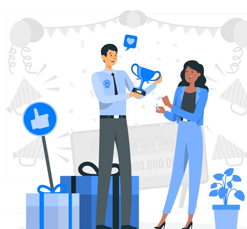 A man and a woman with a trophy illustration