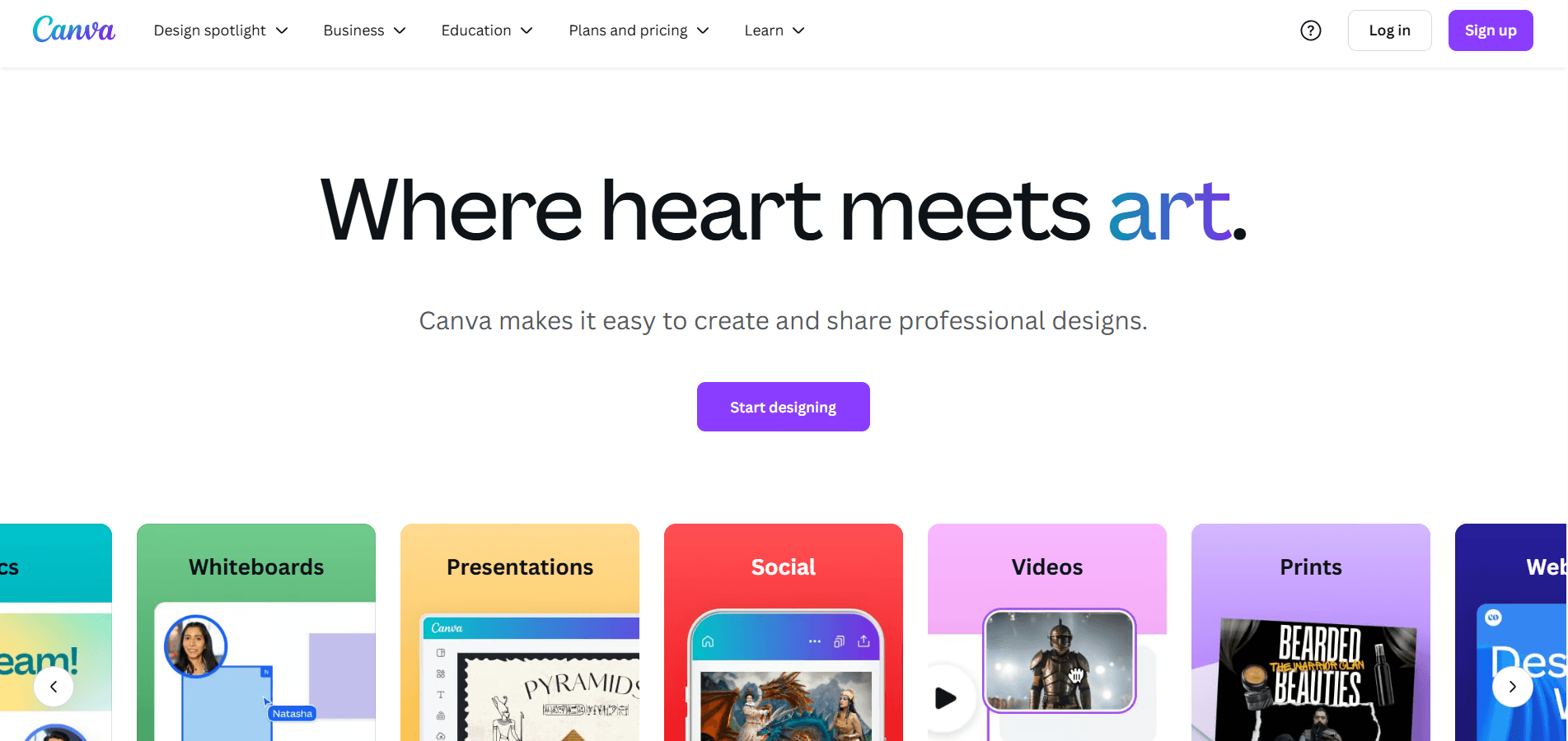 Screenshot of home page of canva