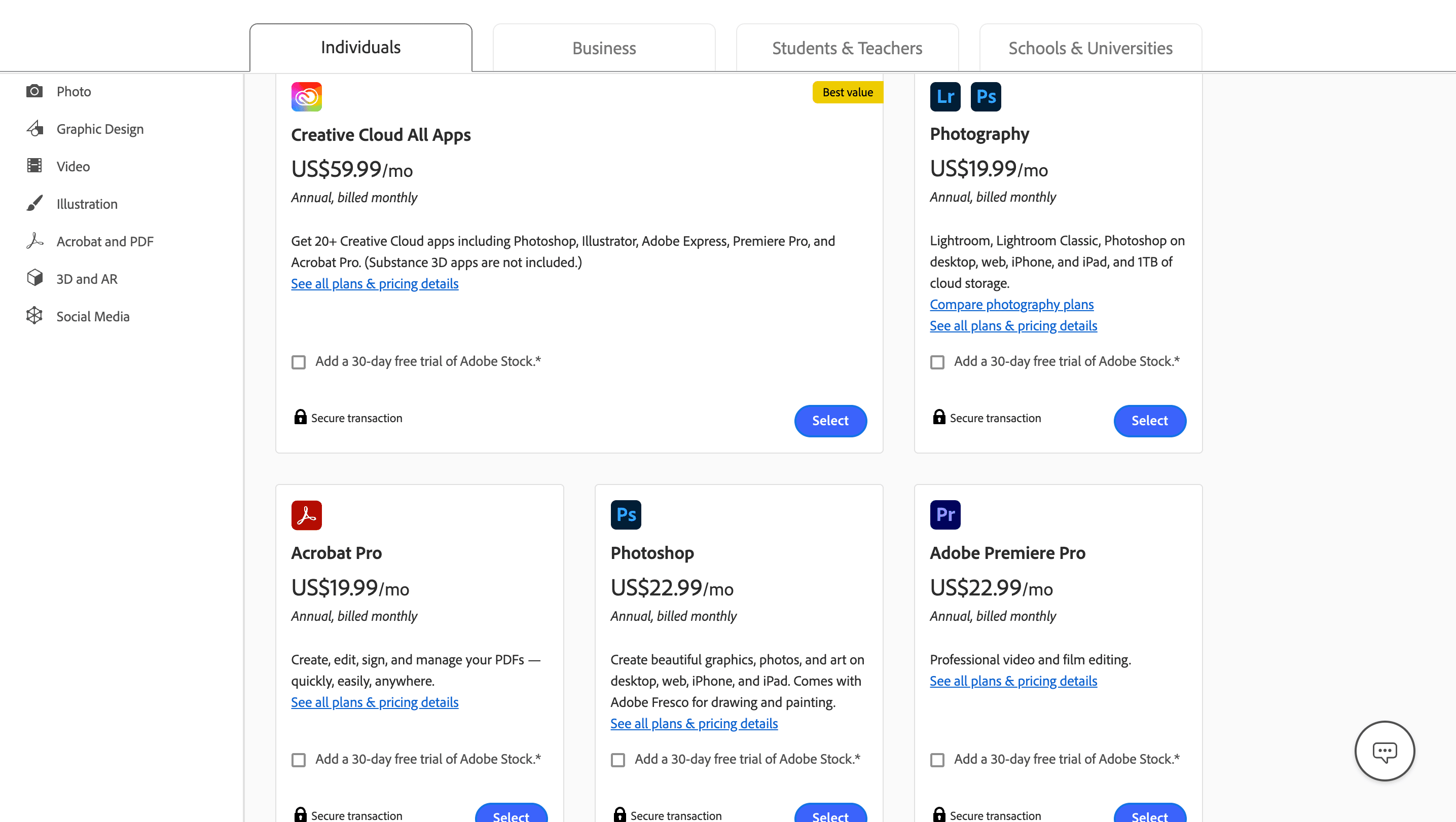 Adobe creative cloud pricing page